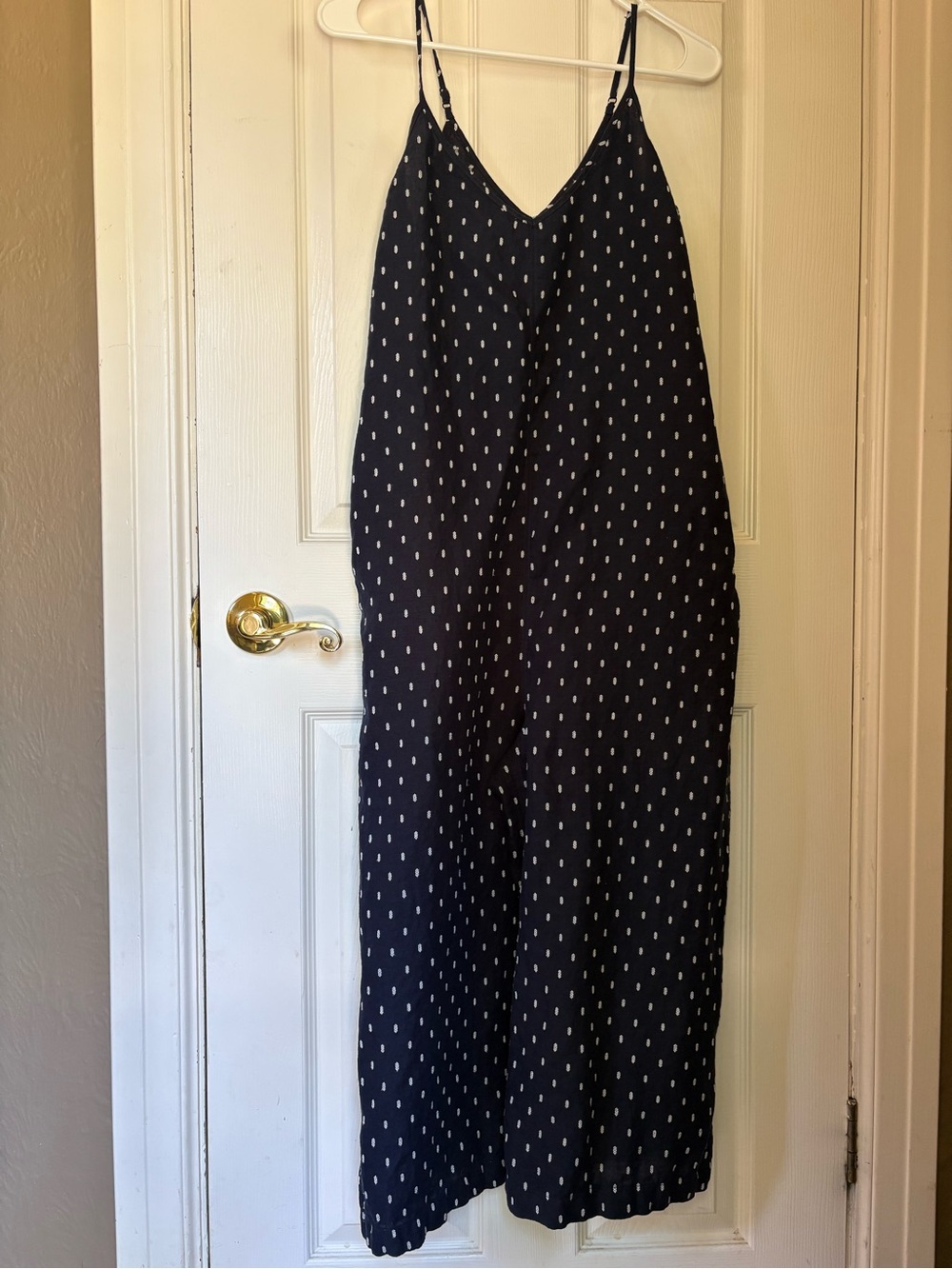 Athleta Navy Blue wide leg jumpsuit with White Dot Print